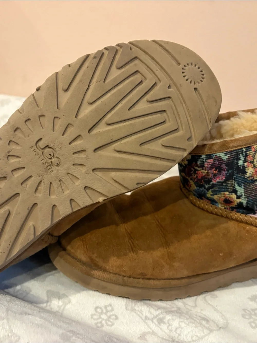 Cozy UGG Brown Suede Ankle Boots with Floral Cuff